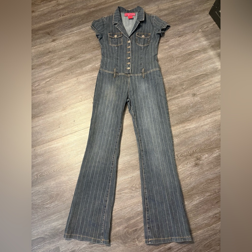 Hot Kiss One Piece Denim Pinstrip Jumpsuit  SZ M Y2K
